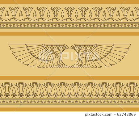Vector seamless horizontal pattern of winged disk in egyptian style with lotus flowers 62748869