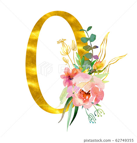 Elegant summer decorated floral numbers. Golden digit 0 with a watercolor bouquet. Element for design 62749355