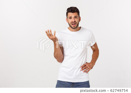 Close up portrait of disappointed stressed bearded young man in shirt over white background. Close up portrait of disappointed stressed bearded young man in shirt over white background. 62749754