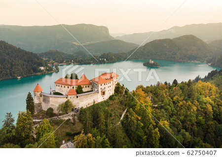 Aerial view of Bled Castle overlooking Lake Bled in Slovenia, Europe 62750407