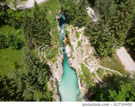 Aerial view over Soca river in Triglav National Park, Slovenia 62750409