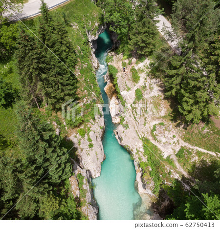 Aerial view over Soca river in Triglav National Park, Slovenia 62750413