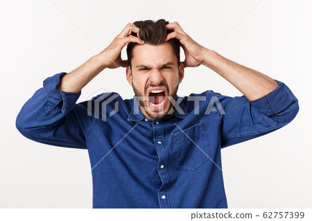 young office worker mad by stress screaming isolated on white. young office worker mad by stress screaming isolated on white. 62757399