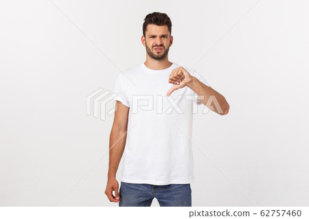 Close up portrait of disappointed stressed bearded young man in shirt over white background. 62757460