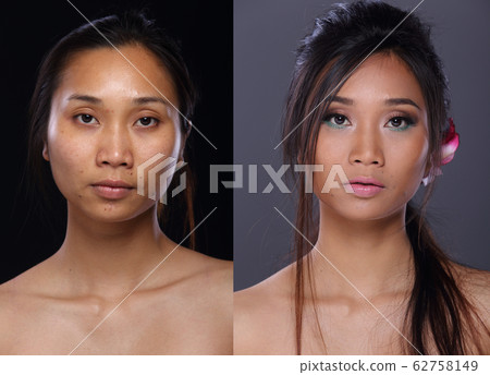 Asian Woman before after make up hair style. no Asian Woman before after make up hair style. no 62758149
