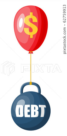 Debt ball chained to balloon with dollar sign. Debt ball chained to balloon with dollar sign. 62759913