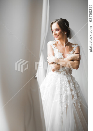Gorgeous bride in robe posing and preparing for the wedding ceremony face in a room 62760233