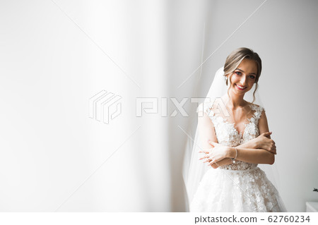 Beautiful bride wearing fashion wedding dress with feathers with luxury delight make-up and hairstyle, studio indoor photo shoot Beautiful bride wearing fashion wedding dress with feathers with luxury delight make-up and hairstyle, studio indoor photo shoot 62760234