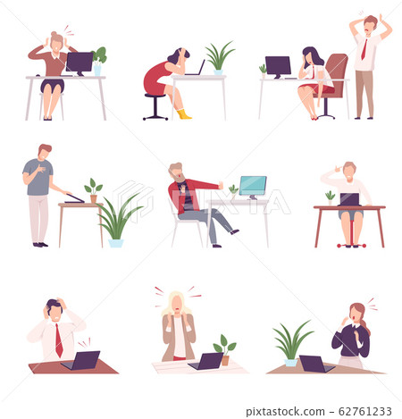 People Looking Scared into Computer Screen Set, Young Men and Women Sitting at the Desk Working PC Flat Vector Illustration 62761233