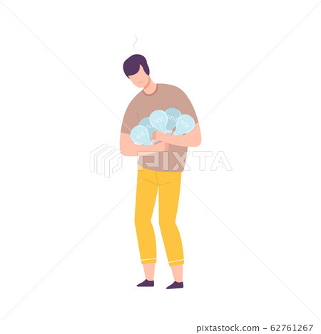 Depressed Businessman Character Having No Ideas, Unsuccessful Person Holding Off Light Bulbs Flat Vector Illustration 62761267