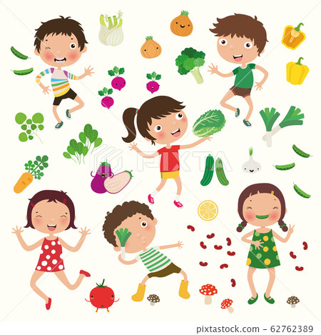 Variety of children with vegetable, nutrition for kids, vector, illustration 62762389