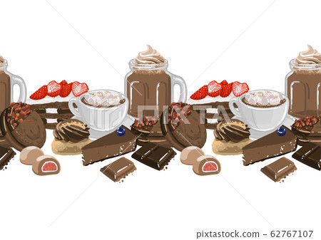 Cup of chocolate milkshake and coffee or cacao with marshmallows, surrounded by different dessert 62767107