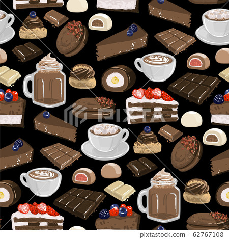 Cup of chocolate milkshake and coffee or cacao with marshmallows, surrounded by different dessert 62767108