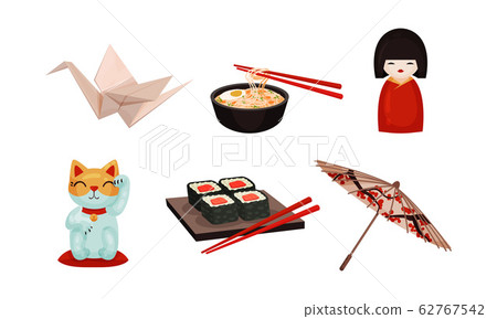 Japan Landmarks with Sushi and Origami Art Vector Set Japan Landmarks with Sushi and Origami Art Vector Set 62767542