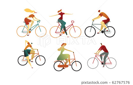 People Wearing Casual and Sportive Wear Riding Bikes Vector Set 62767576
