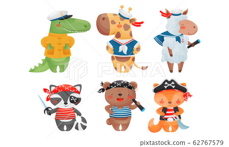 Funny Animals Sailors and Pirates Wearing Striped Vest and Bandana with Crossed Bones Vector Set 62767579