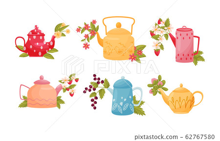 Ornamental Teapots with Flowers and Twigs Peeped out From Spouts Vector Set 62767580