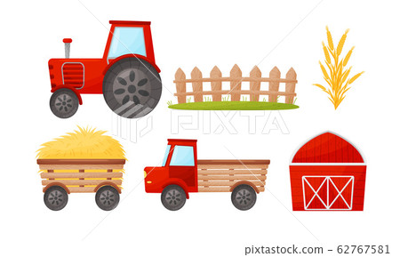 Farming and Harvesting Theme with Barn and Tractor Vector Set 62767581
