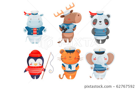 Funny Animals Sailors Wearing Striped Vest and Peakless Hat Vector Set Funny Animals Sailors Wearing Striped Vest and Peakless Hat Vector Set 62767592