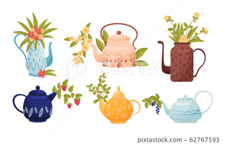 Ornamental Teapots with Flowers and Twigs Peeped out From Spouts Vector Set Ornamental Teapots with Flowers and Twigs Peeped out From Spouts Vector Set 62767593