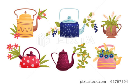 Ornamental Teapots with Flowers and Twigs Peeped out From Spouts Vector Set Ornamental Teapots with Flowers and Twigs Peeped out From Spouts Vector Set 62767594
