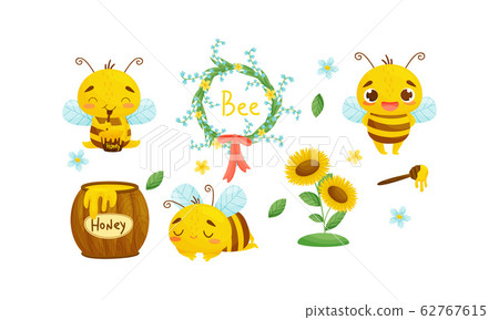 Cute Striped Bee Character and Honey Vector Set 62767615