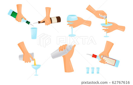 Bartender Hands Pouring and Mixing Cocktails Isolated on White Background Vector Set 62767616