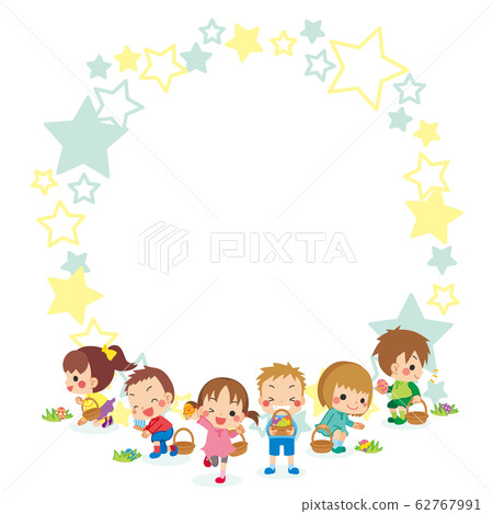 Children happily hunting eggs [Easter star pattern frame] 62767991
