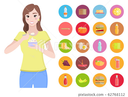 Woman Eat Cake, Healthy Food, Fruit and Vegetable Woman Eat Cake, Healthy Food, Fruit and Vegetable 62768112