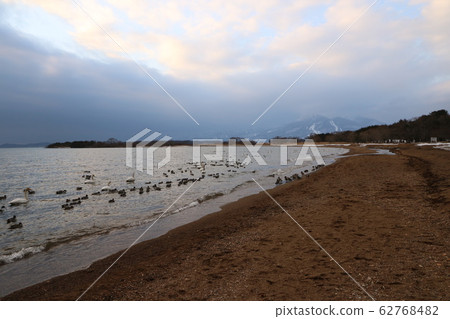 Lake Inawashiro in winter and swan and angel ladder Lake Inawashiro in winter and swan and angel ladder 62768482
