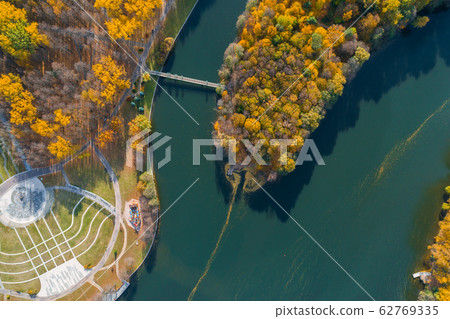 BELARUS, MINSK - OCTOBER, 2019: Aerial drone photo of the Victory park in Minsk city centre. 62769335