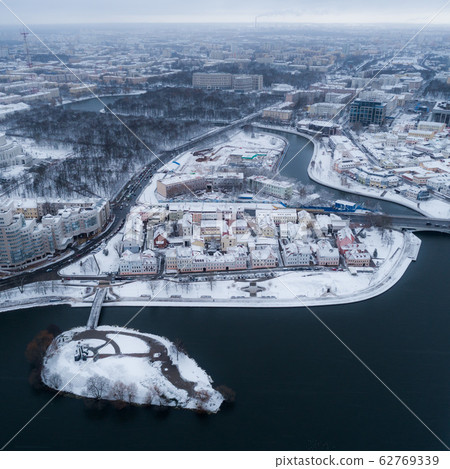 BELARUS, MINSK - JANUARY, 2020: Aerial drone day photo of the Minsk city centre with snow 62769339