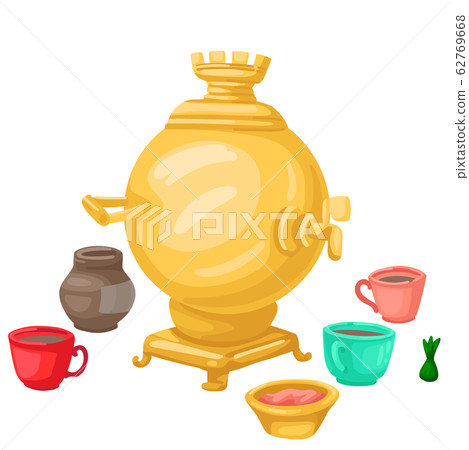 Russian samovar with cups of tea. Vector illustration 62769668