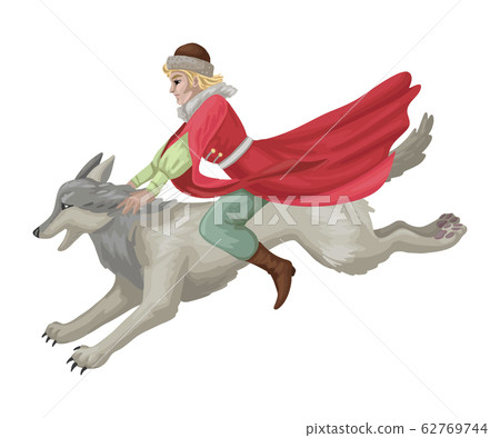 Russian folk tale with man rides wolf. Vector illustration 62769744