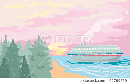 Cruise ship near the shore on a sunset background. Vector illustration 62769759