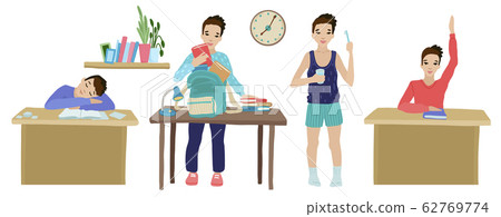 Daily routine of a kid. Day activities in life or school. Vector flat isolated illustration Daily routine of a kid. Day activities in life or school. Vector flat isolated illustration 62769774