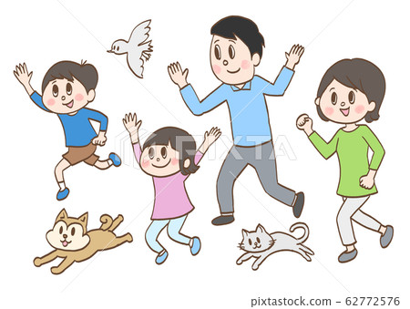 A family running with a smile, a dog, a cat and a bird 62772576