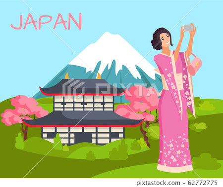 Japan Landscape Woman in Pink Kimono Dress Vector Japan Landscape Woman in Pink Kimono Dress Vector 62772775