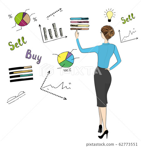 Business lady back view hand touch doodle charts Business lady back view hand touch doodle charts 62773551