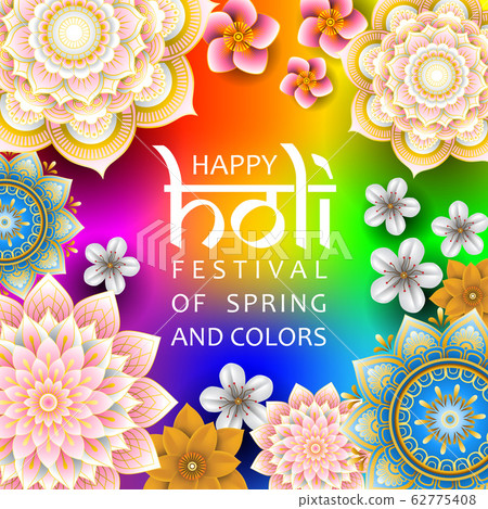 Happy Holi festival of spring and colors square vector banner or social media post template with flowers and mandalas on rainbow background Happy Holi festival of spring and colors square vector banner or social media post template with flowers and mandalas on rainbow background 62775408