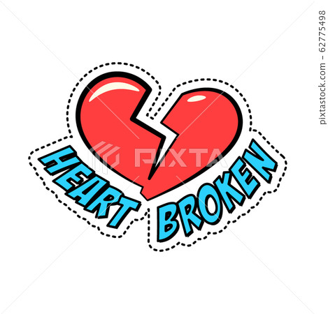 Colorful retro style sticker patch badge with red broken heart isolated on white background, vector illustration. 62775498