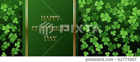 Happy Saint Patricks Day golden text on striped ribbon with clover leaves on green background 62775667