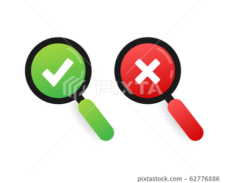 Magnifying glass and a tick and cross icons. Yes 62776886