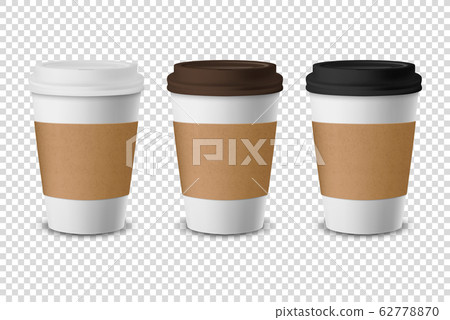 Vector 3d Realistic Disposable Closed Paper, Plastic Coffee Cup for Drinks with White, Brown and Black Lid Set Closeup Isolated on Transparent Background. Design Template, Mockup. Front View 62778870