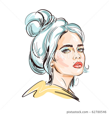 Hand-drawn young beautiful girl with makeup and unusual blue hair. Fashion illustration of a stylish look. 62780546