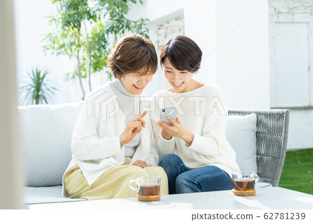 Parent and child travel smartphone mother daughter family image 62781239