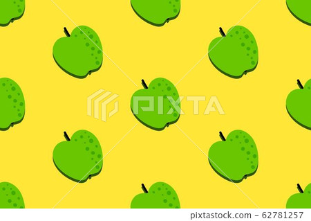 Green apple fruit pattern. Seamless summer background. Bright kitchen, home decor or healthy eating Green apple fruit pattern. Seamless summer background. Bright kitchen, home decor or healthy eating 62781257