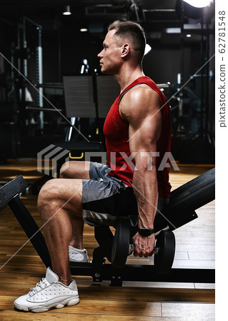 Young sports athlete fitness model in the gym shakes his biceps with dumbbells. Sports motivation, low key, high contrast. The concept of a healthy lifestyle, life movement, copy space. Young sports athlete fitness model in the gym shakes his biceps with dumbbells. Sports motivation, low key, high contrast. The concept of a healthy lifestyle, life movement, copy space. 62781548