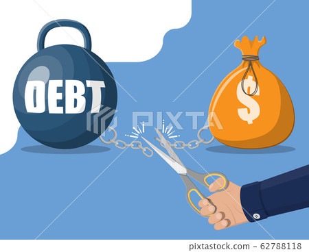 Hand with scissors cutting debt weight chain 62788118