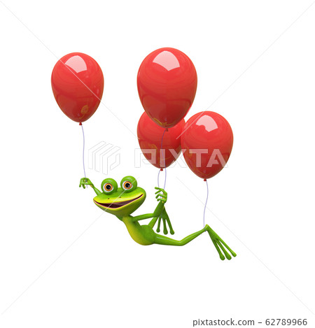 3D Illustration Frog Flies on Red Balloons 3D Illustration Frog Flies on Red Balloons 62789966